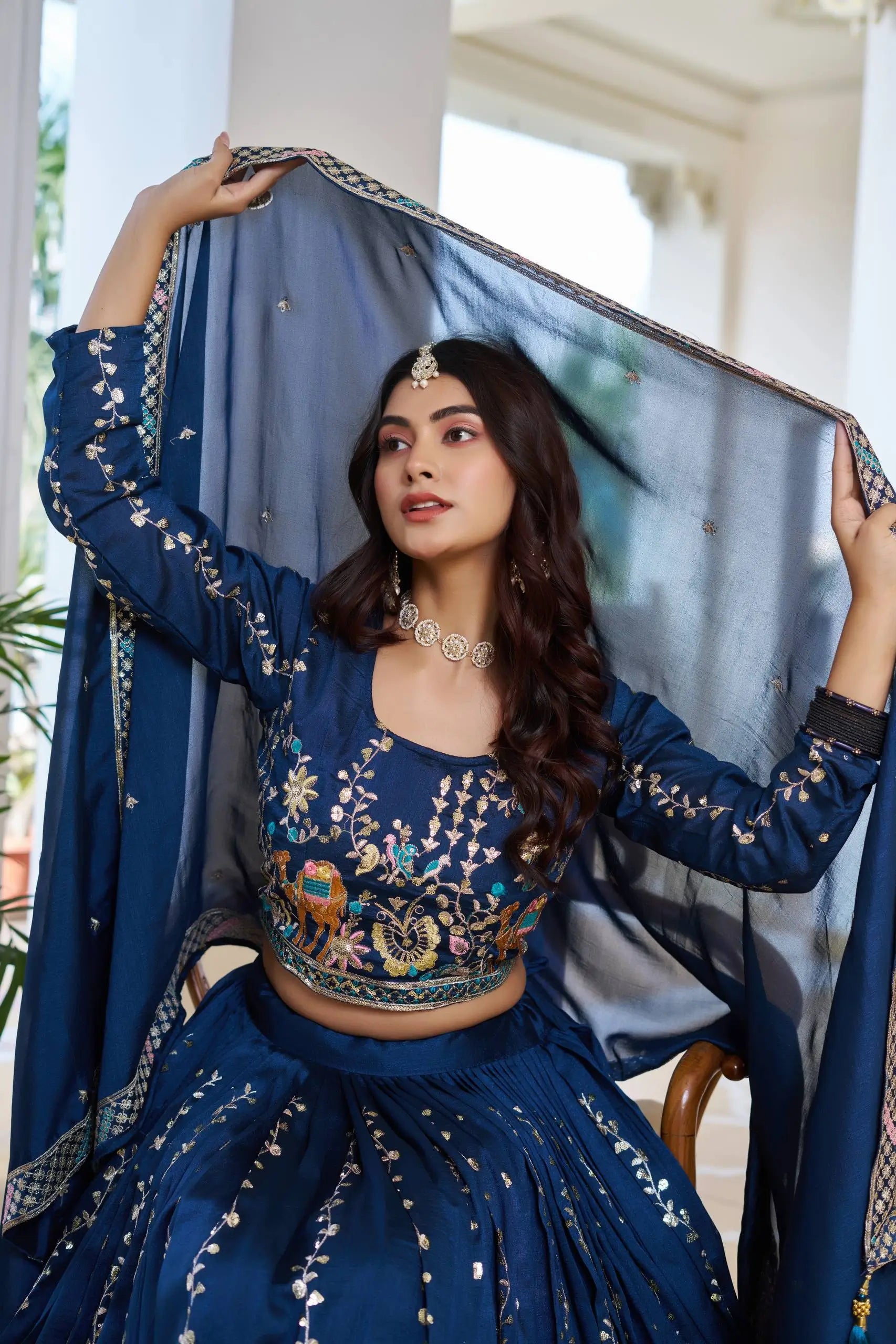 Embroidered Vichitra Silk Lehenga Choli Set with Dupatta