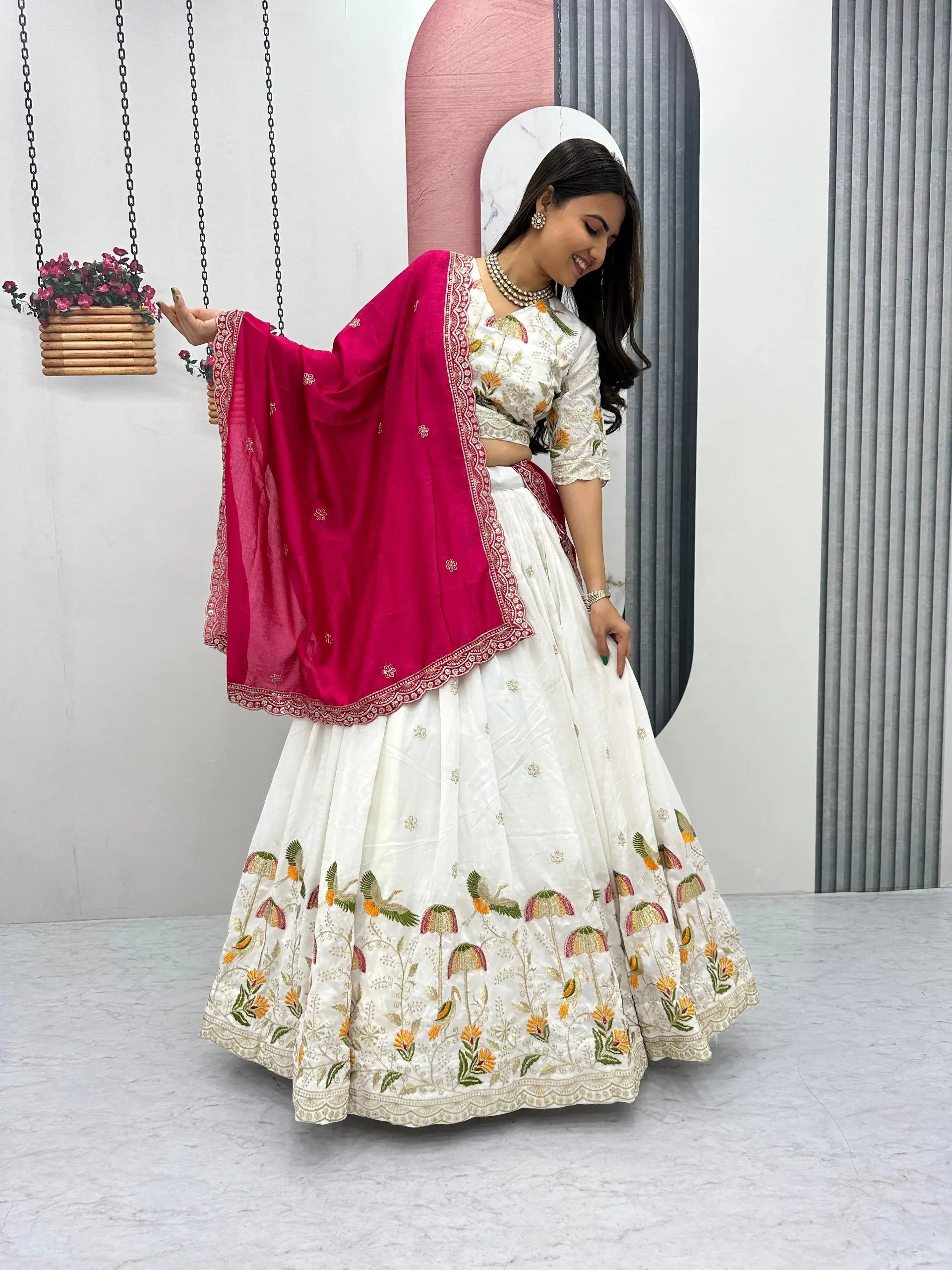 Embroidered Vichitra Silk Lehenga Choli Set with Dupatta