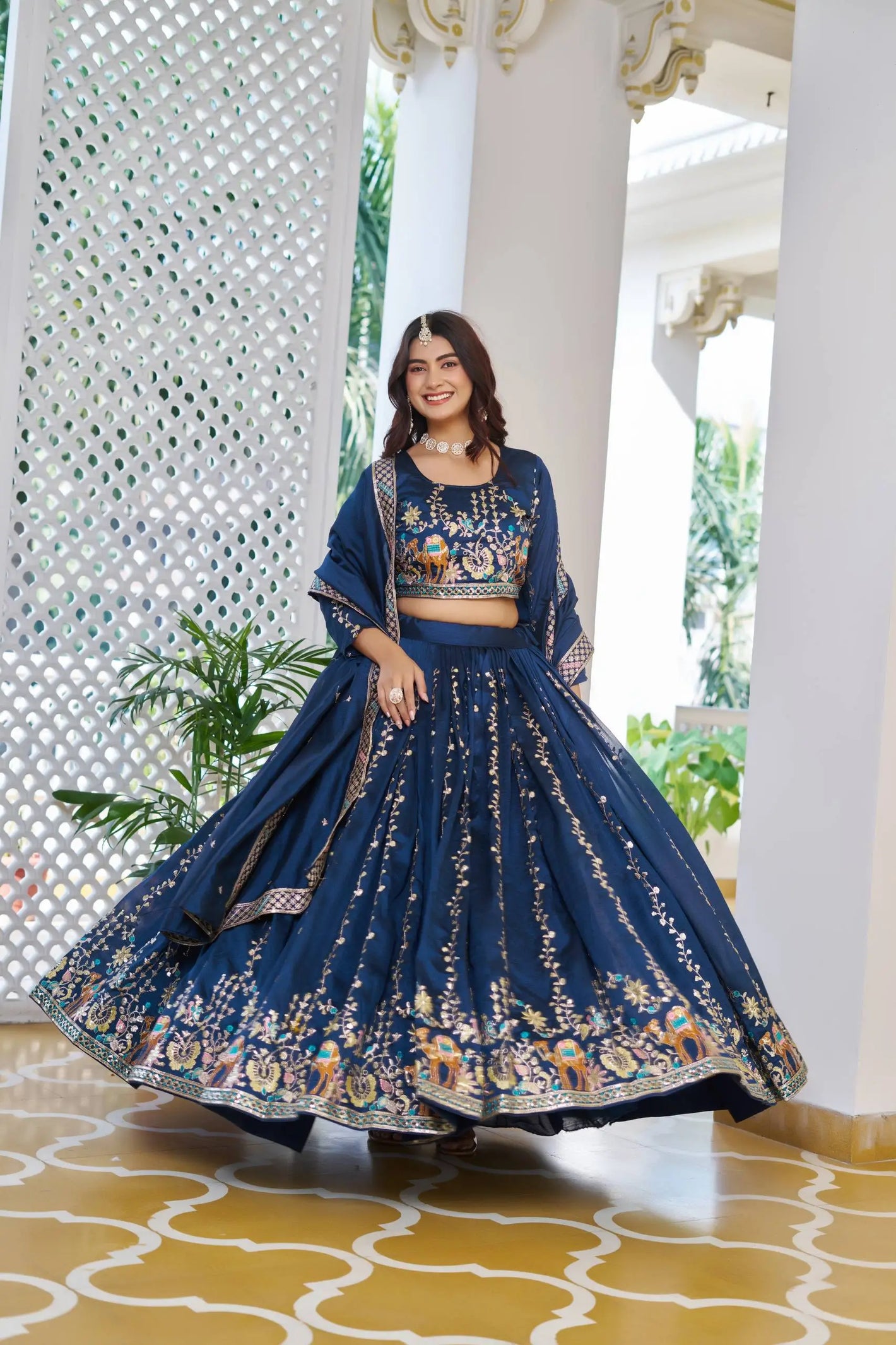 Embroidered Vichitra Silk Lehenga Choli Set with Dupatta