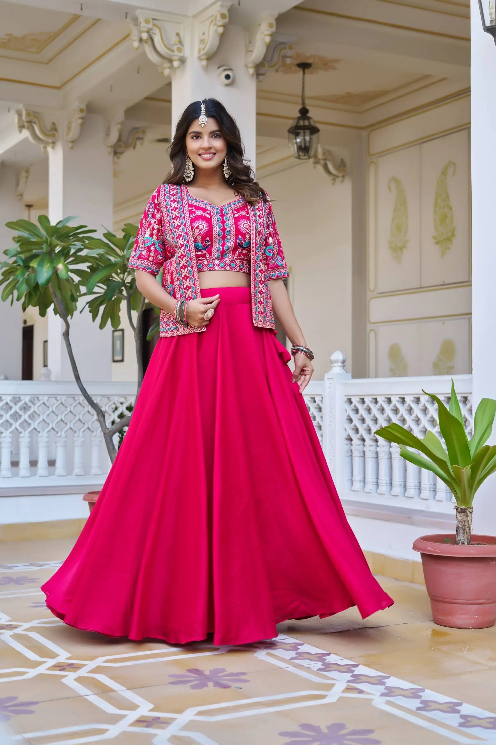 Embroidered Vichitra Silk Lehenga Choli Set with Koti