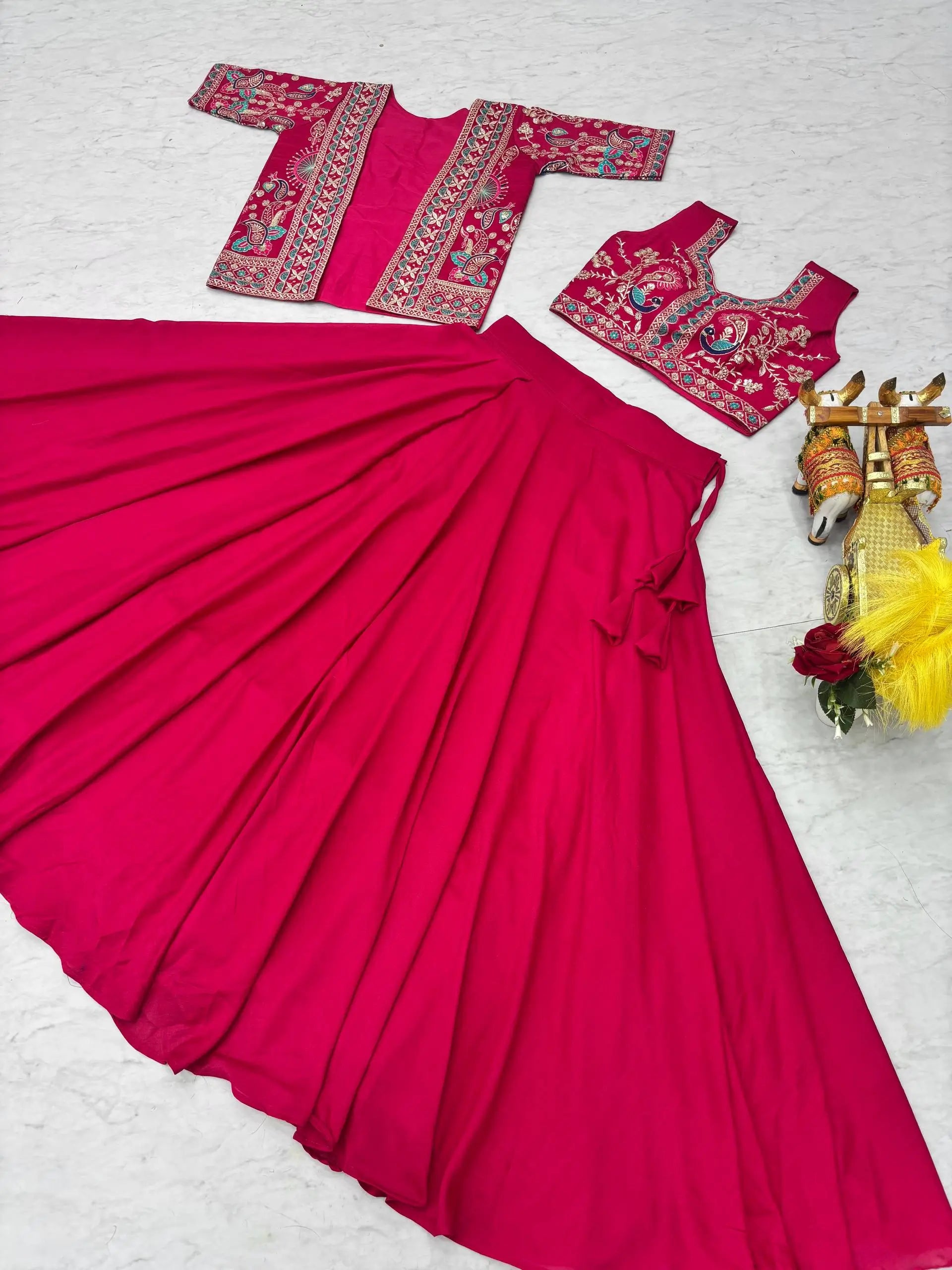 Embroidered Vichitra Silk Lehenga Choli Set with Koti