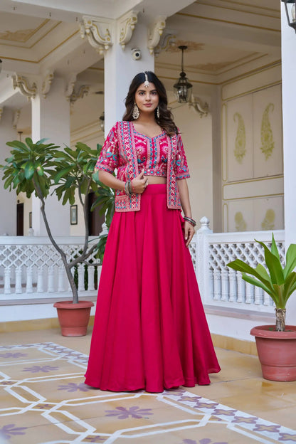 Embroidered Vichitra Silk Lehenga Choli Set with Koti