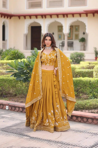 Embroidered Vichitra Silk Lehenga Set With Dupatta