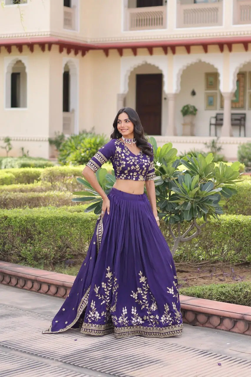 Embroidered Vichitra Silk Lehenga Set With Dupatta