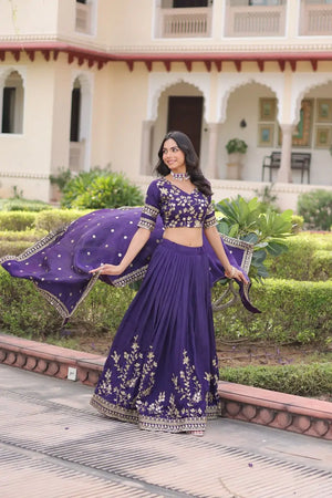 Embroidered Vichitra Silk Lehenga Set With Dupatta