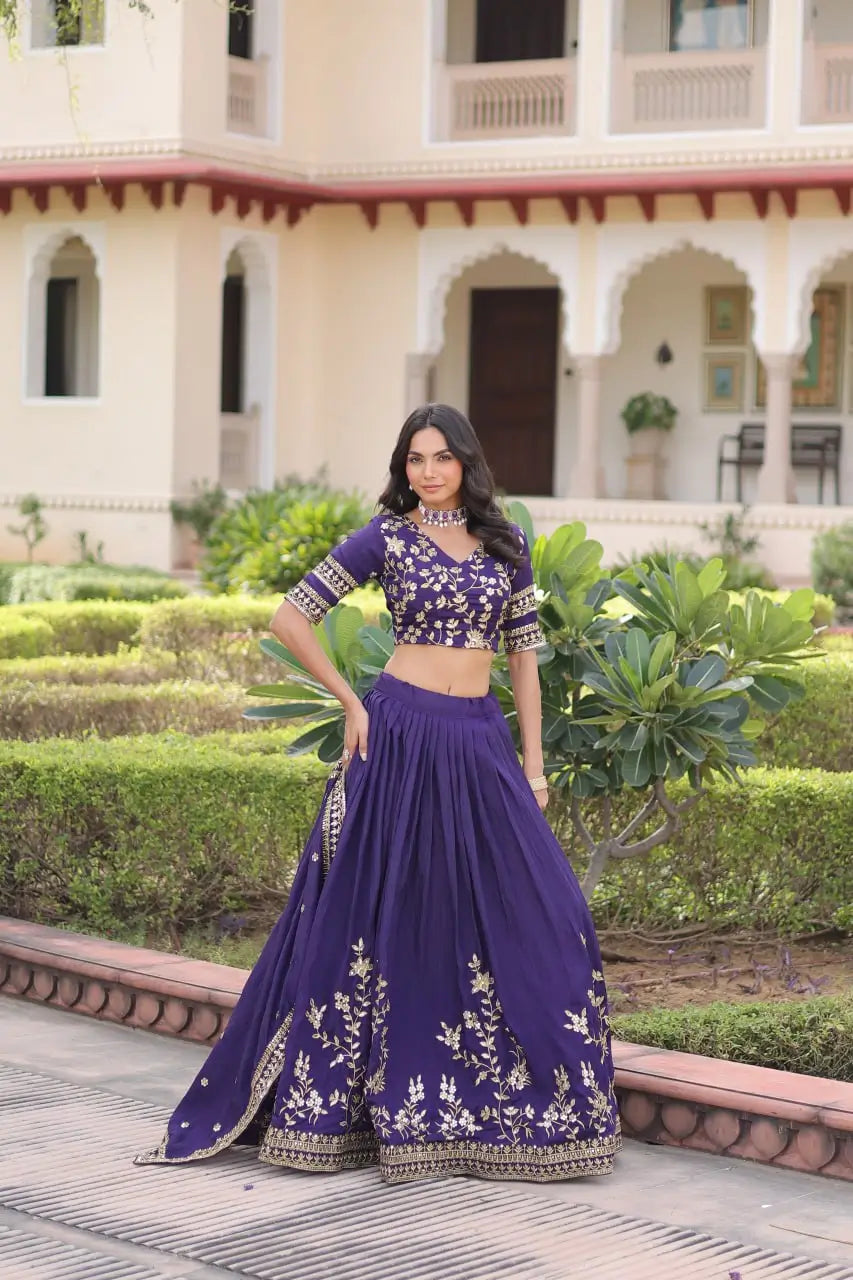 Embroidered Vichitra Silk Lehenga Set With Dupatta
