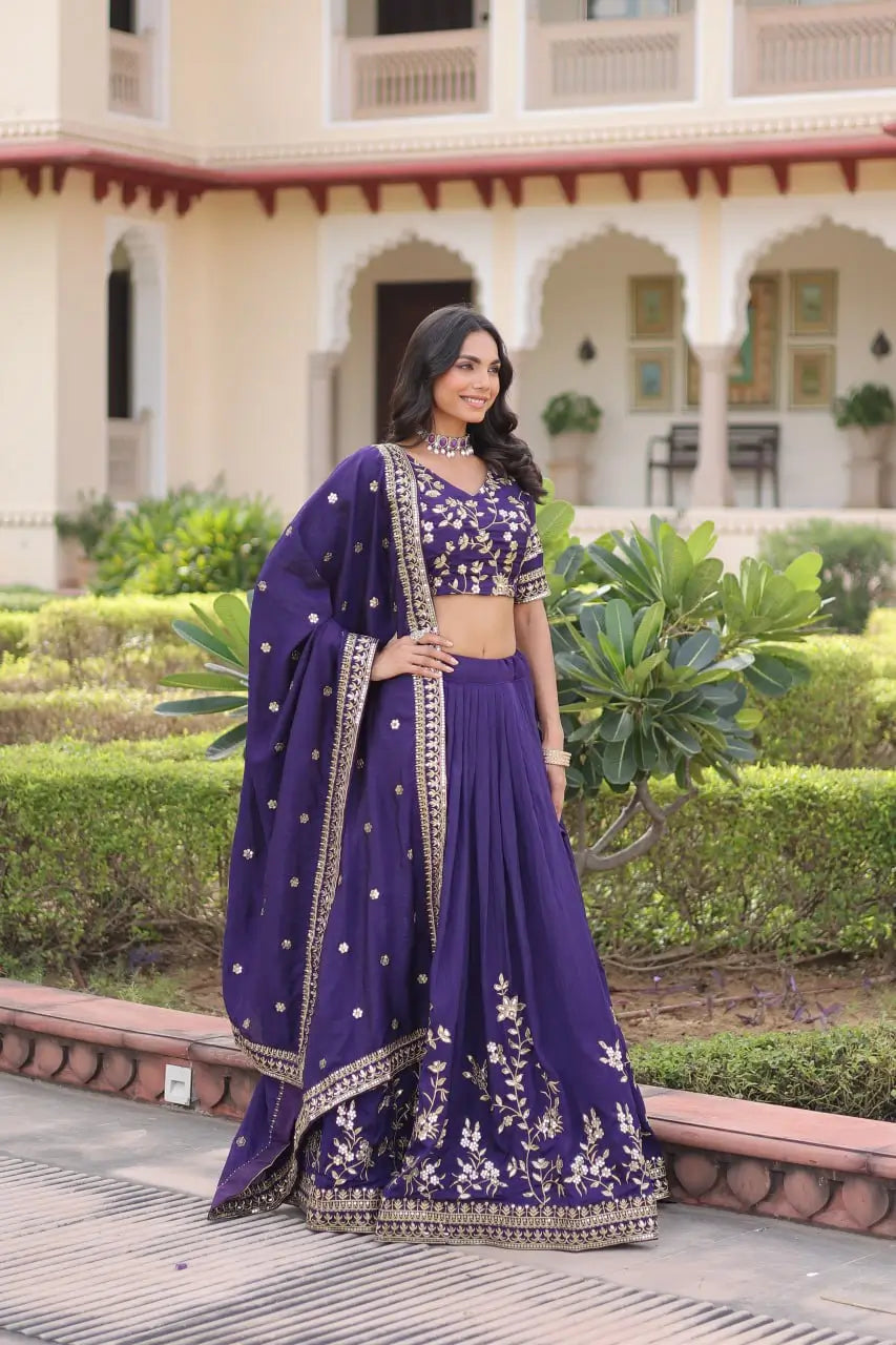 Embroidered Vichitra Silk Lehenga Set With Dupatta