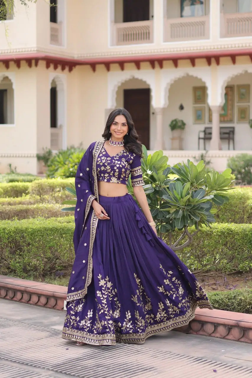 Embroidered Vichitra Silk Lehenga Set With Dupatta