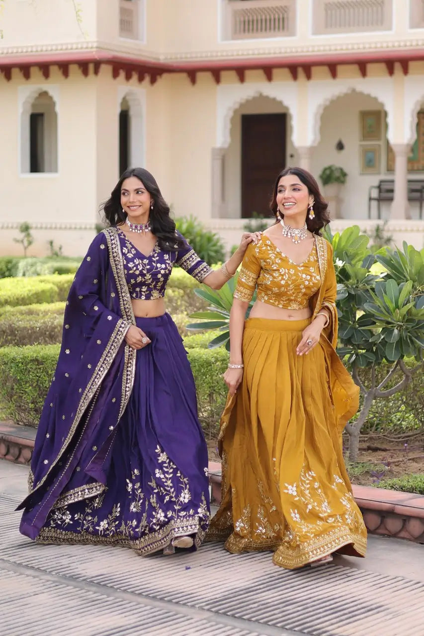 Embroidered Vichitra Silk Lehenga Set With Dupatta