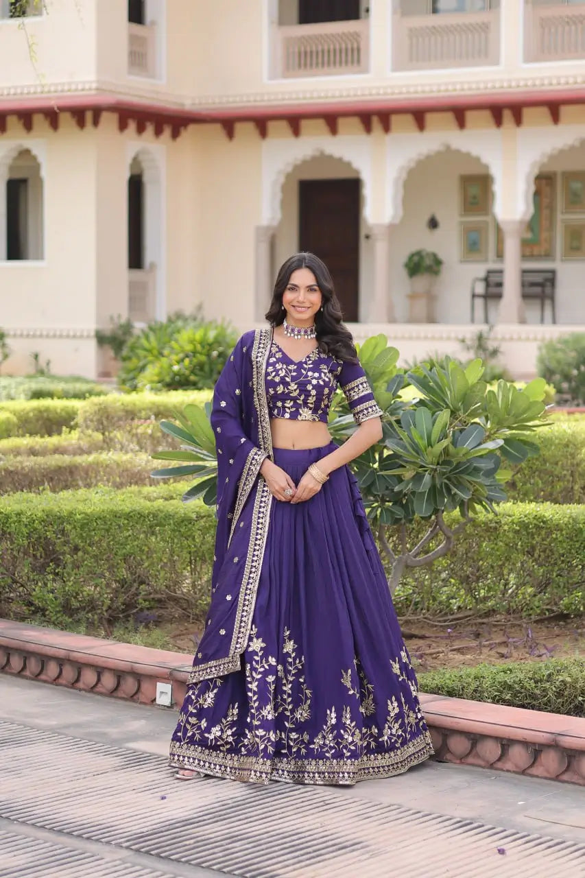 Embroidered Vichitra Silk Lehenga Set With Dupatta