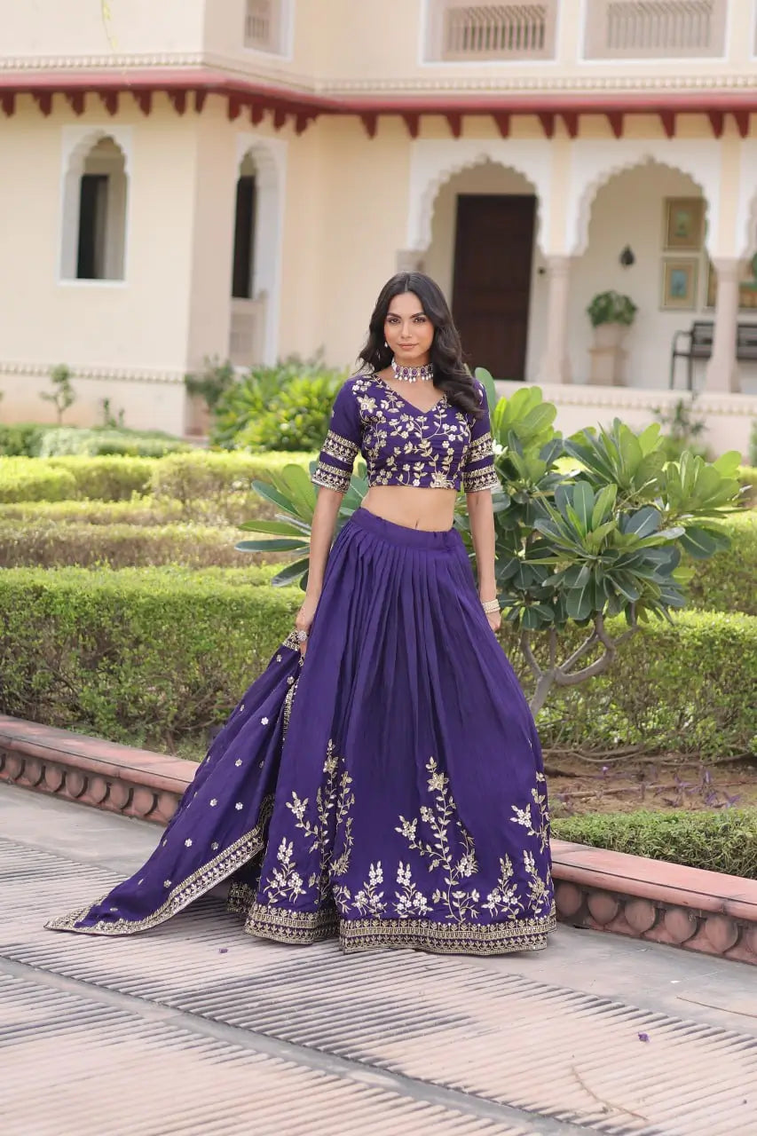 Embroidered Vichitra Silk Lehenga Set With Dupatta