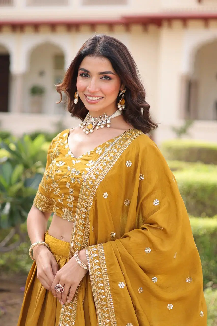 Embroidered Vichitra Silk Lehenga Set With Dupatta