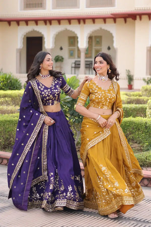 Embroidered Vichitra Silk Lehenga Set With Dupatta