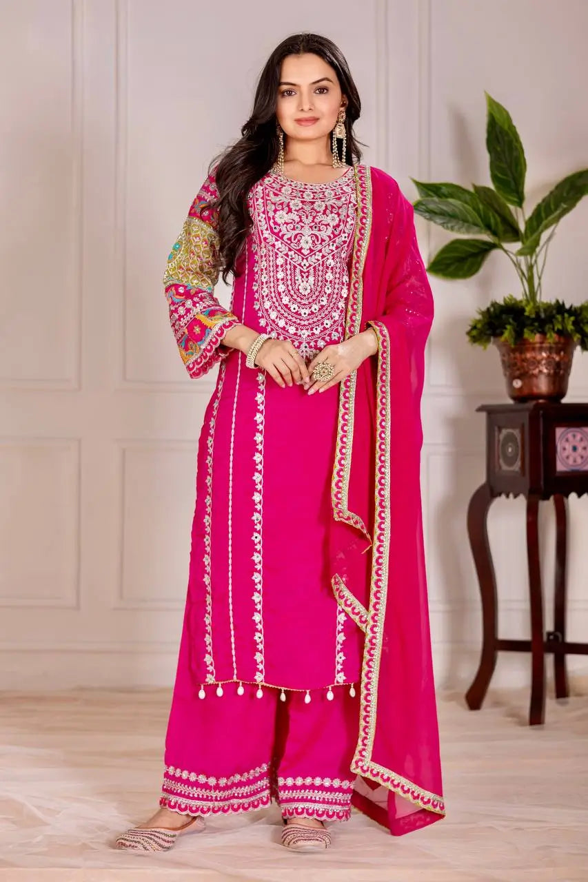 Embroidered Vichitra Silk Palazzo Suit with Organza Dupatta