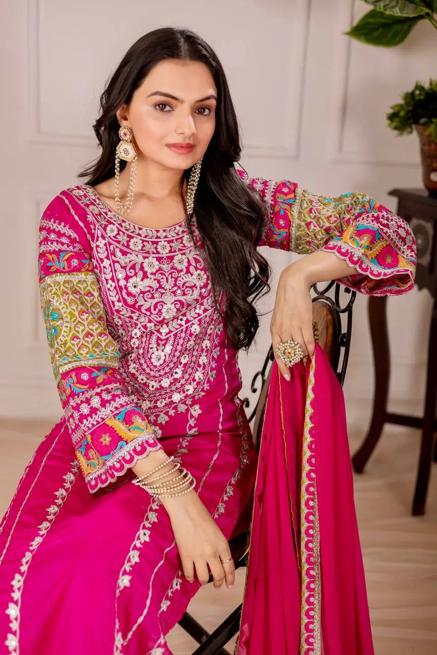 Embroidered Vichitra Silk Palazzo Suit with Organza Dupatta