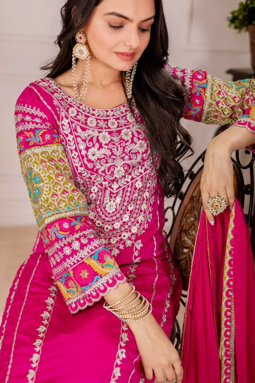 Embroidered Vichitra Silk Palazzo Suit with Organza Dupatta