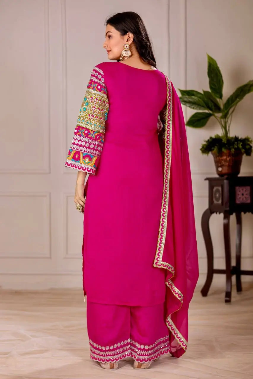 Embroidered Vichitra Silk Palazzo Suit with Organza Dupatta