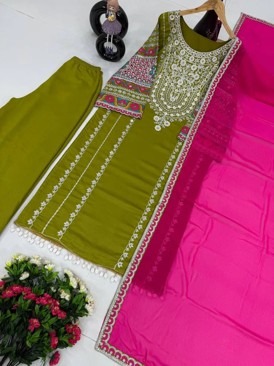 Embroidered Vichitra Silk Palazzo Suit with Organza Dupatta