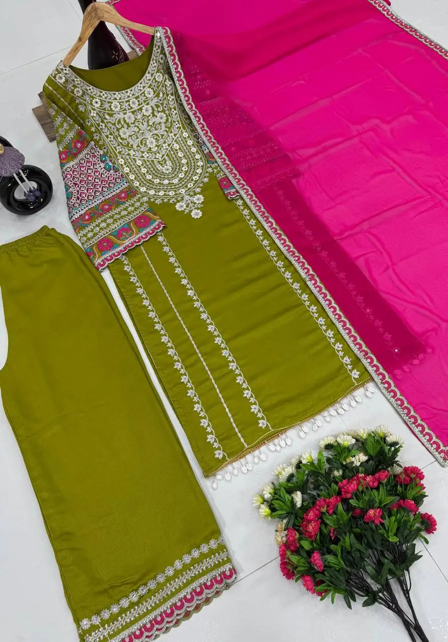 Embroidered Vichitra Silk Palazzo Suit with Organza Dupatta