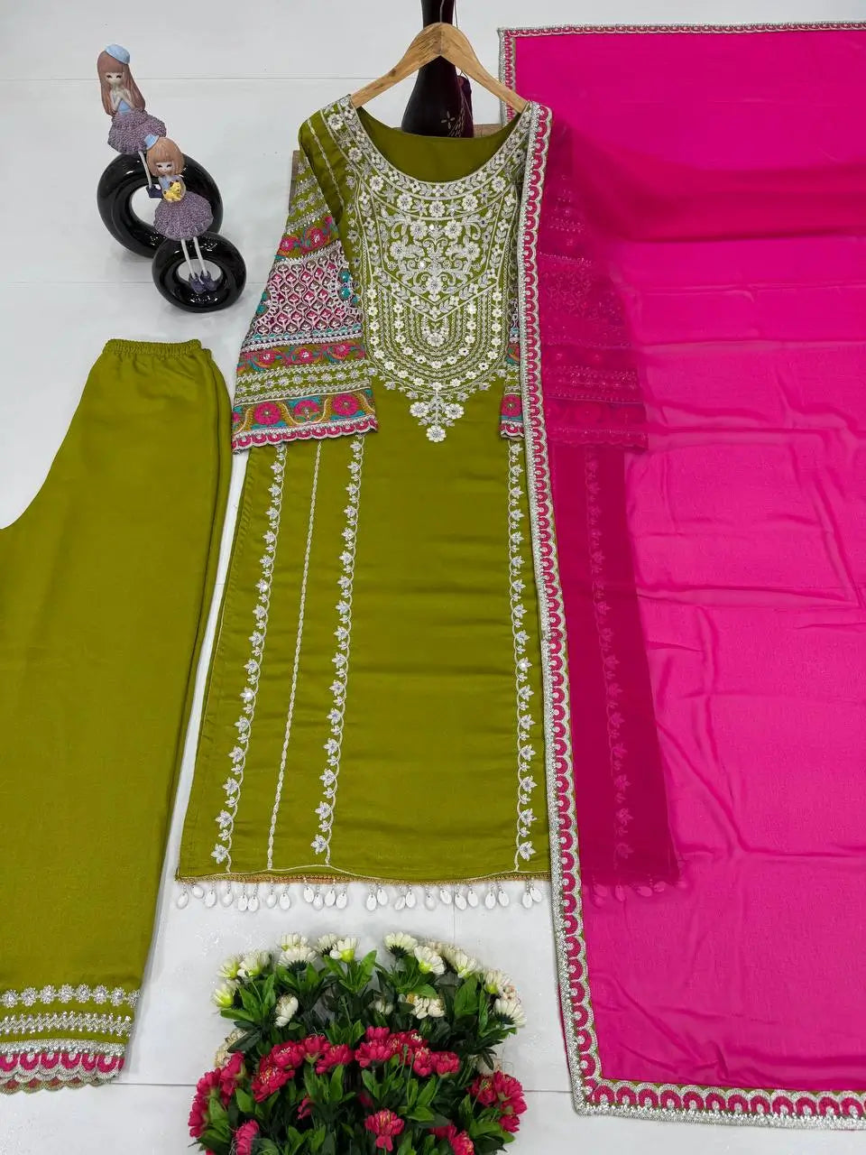 Embroidered Vichitra Silk Palazzo Suit with Organza Dupatta