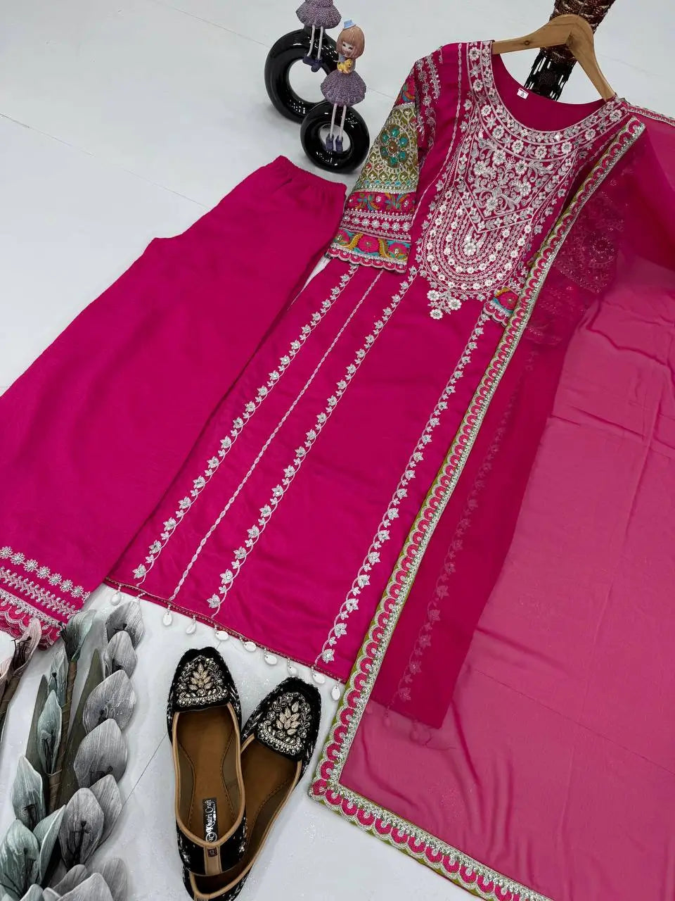 Embroidered Vichitra Silk Palazzo Suit with Organza Dupatta