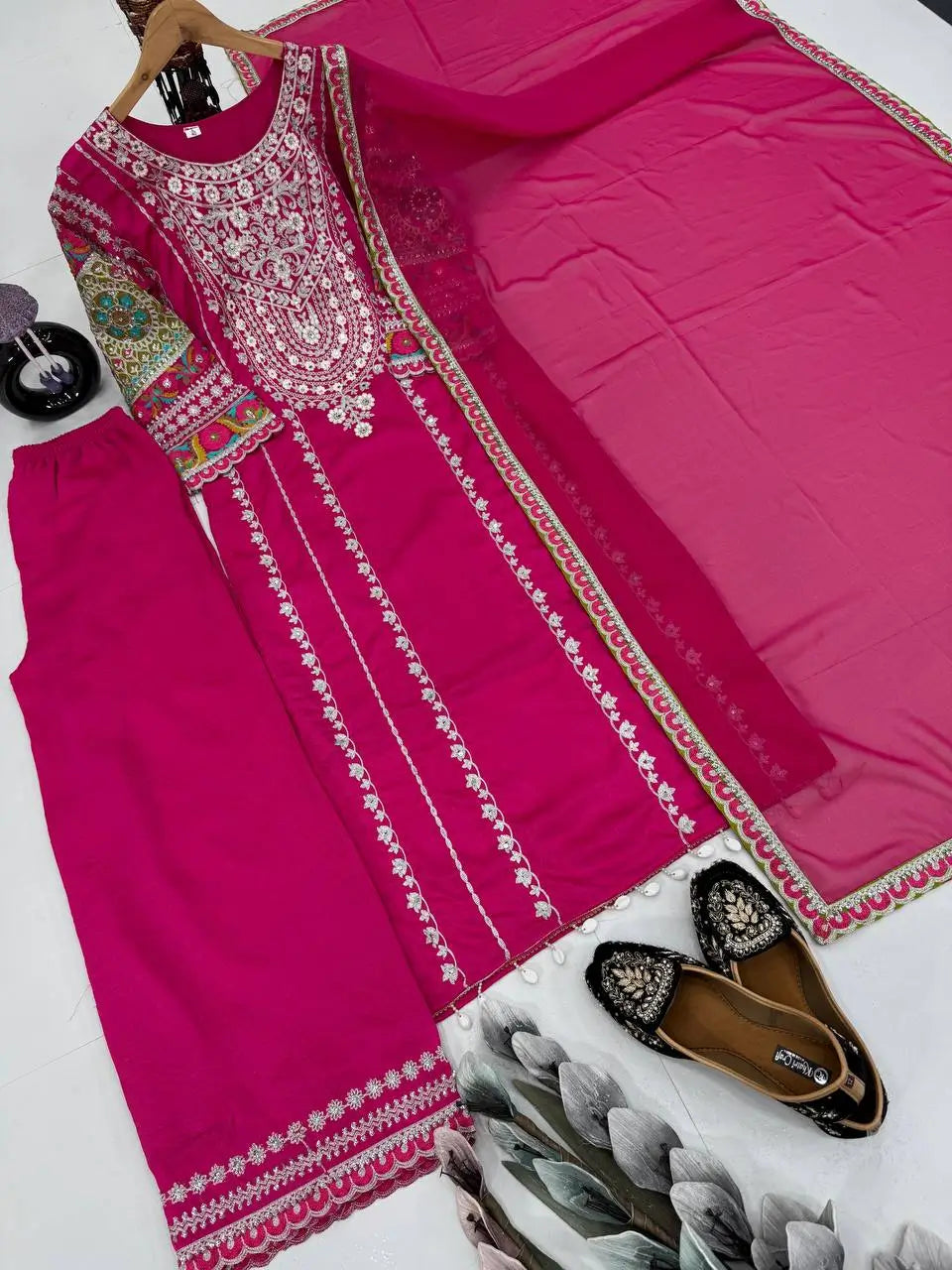 Embroidered Vichitra Silk Palazzo Suit with Organza Dupatta