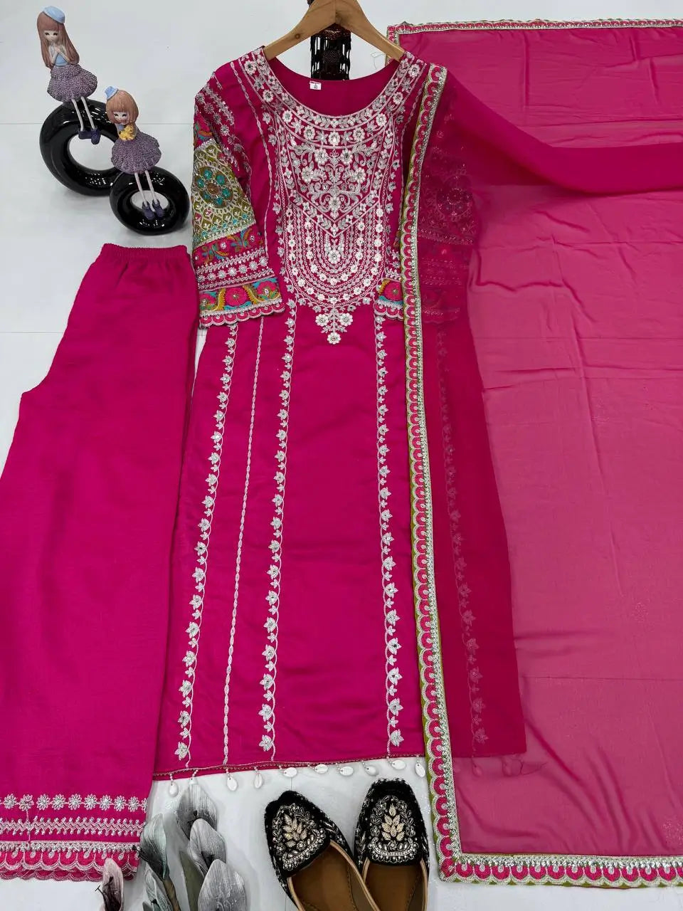 Embroidered Vichitra Silk Palazzo Suit with Organza Dupatta