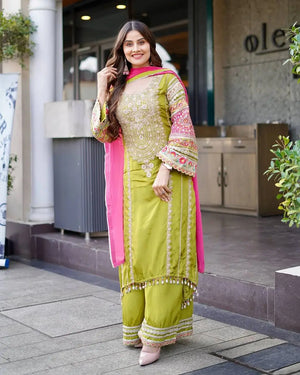 Embroidered Vichitra Silk Palazzo Suit with Organza Dupatta