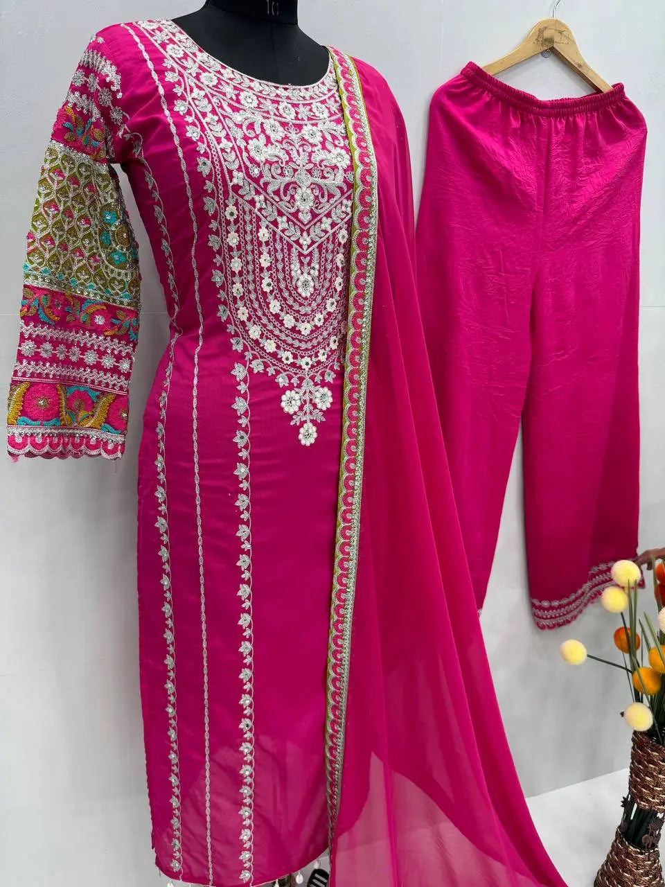 Embroidered Vichitra Silk Palazzo Suit with Organza Dupatta