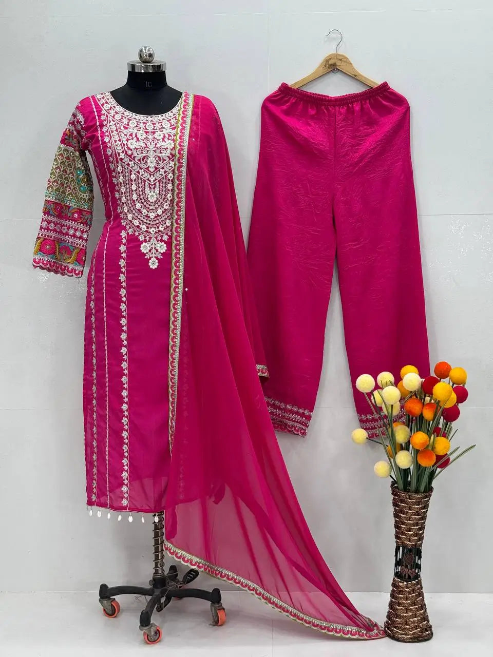 Embroidered Vichitra Silk Palazzo Suit with Organza Dupatta