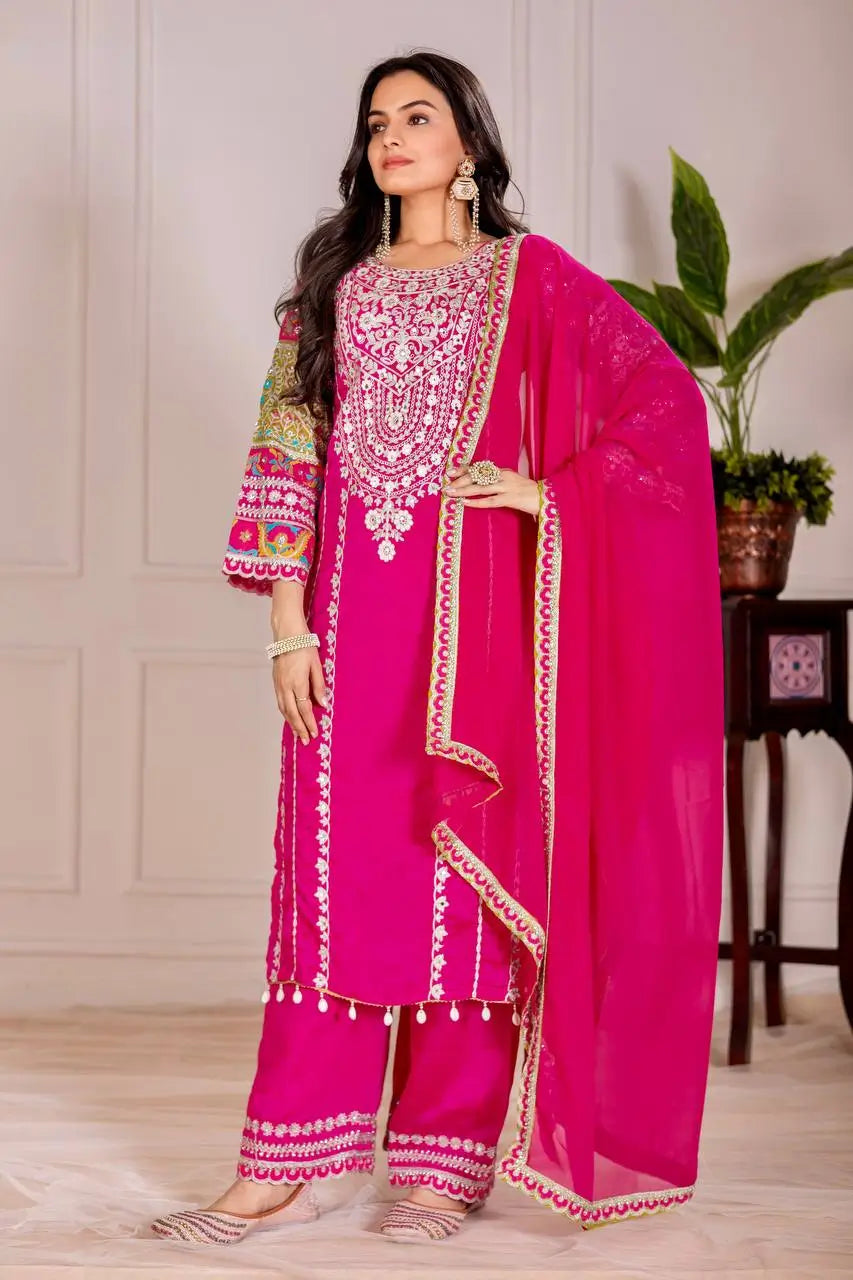 Embroidered Vichitra Silk Palazzo Suit with Organza Dupatta