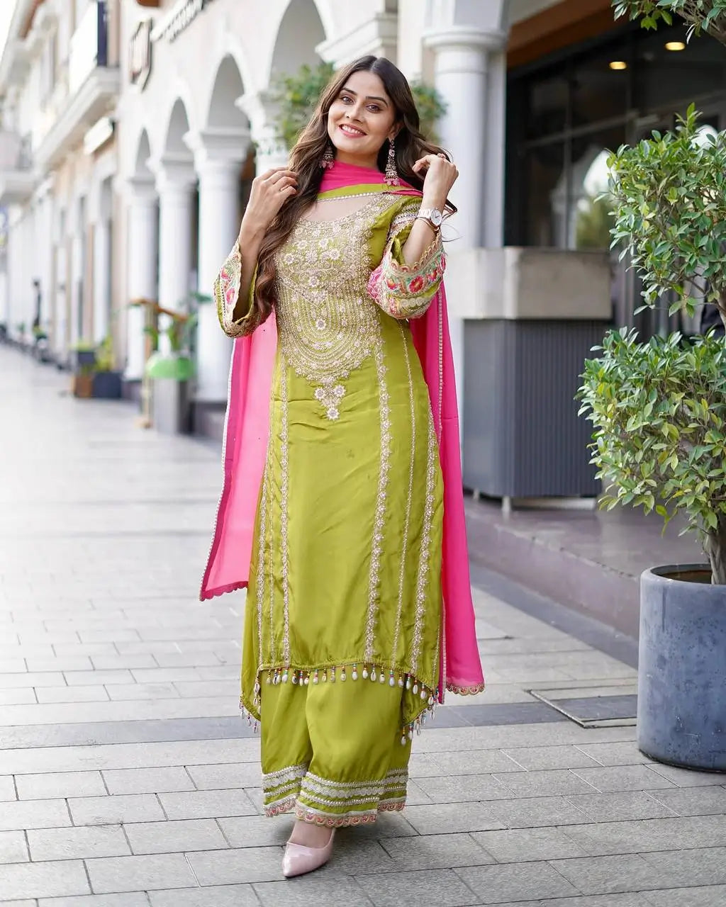 Embroidered Vichitra Silk Palazzo Suit with Organza Dupatta