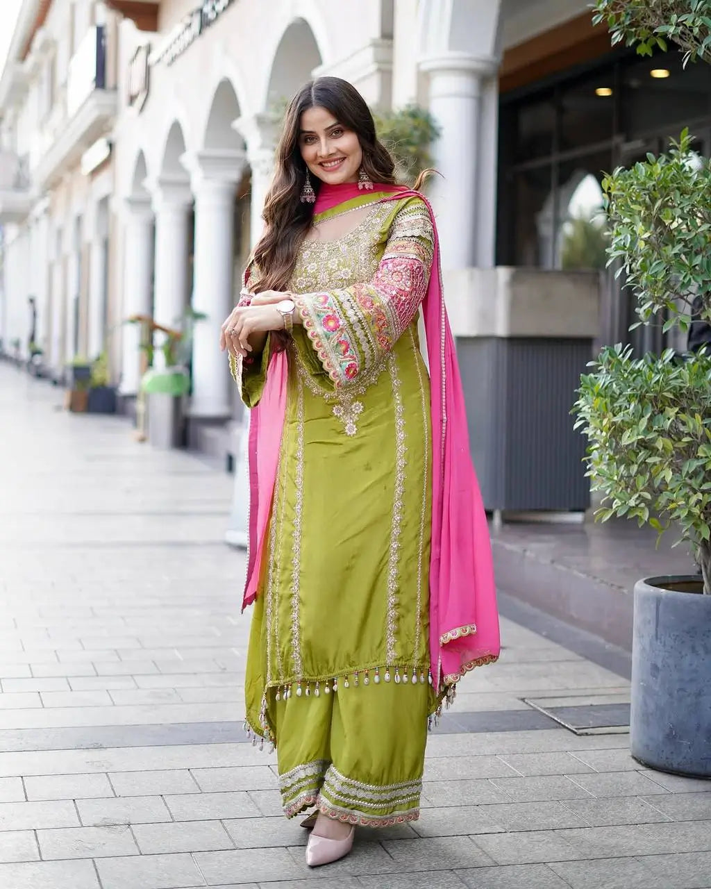 Embroidered Vichitra Silk Palazzo Suit with Organza Dupatta