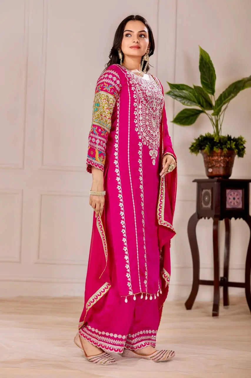 Embroidered Vichitra Silk Palazzo Suit with Organza Dupatta