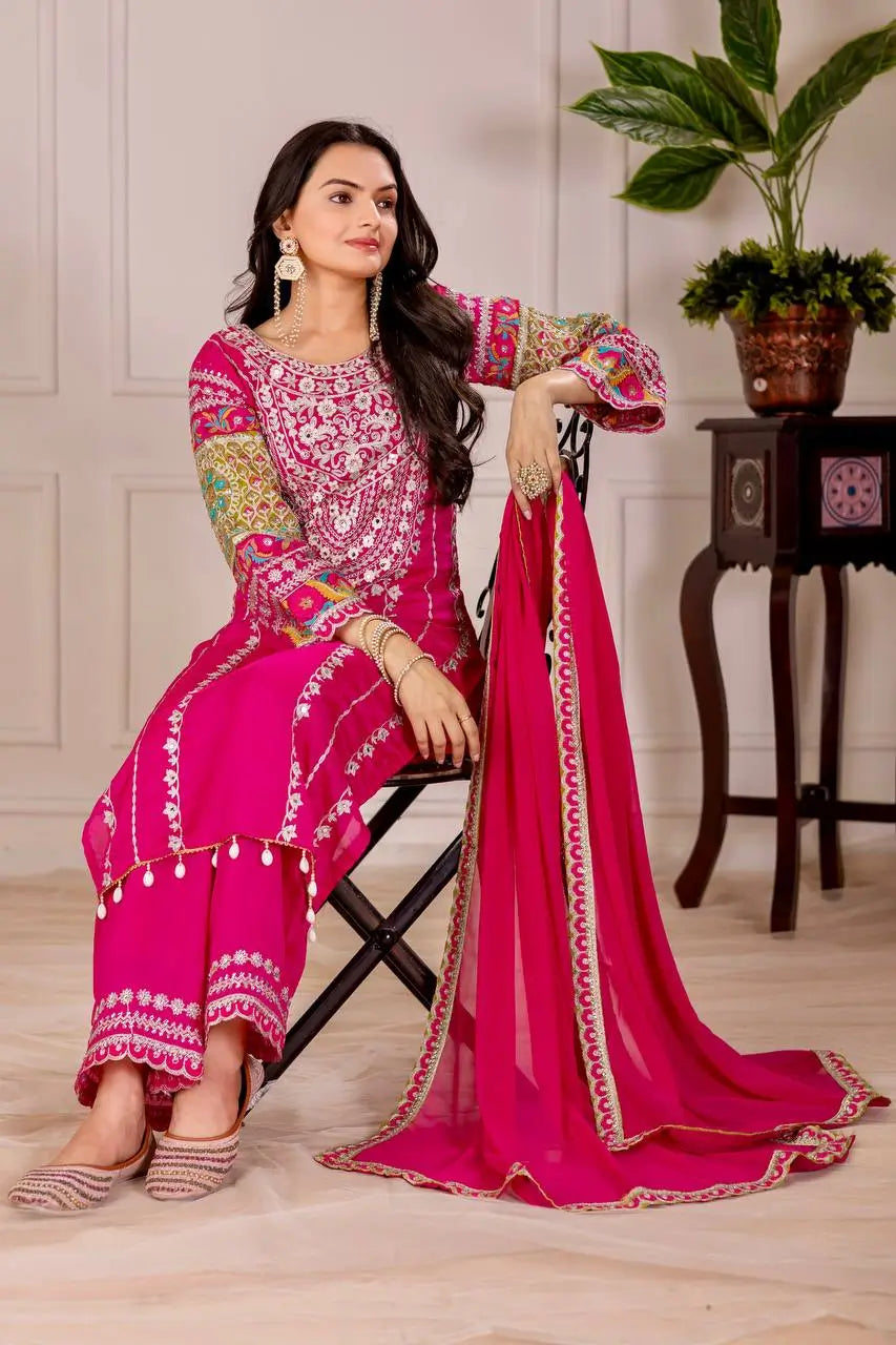 Embroidered Vichitra Silk Palazzo Suit with Organza Dupatta