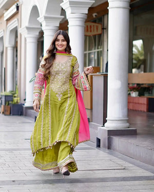 Embroidered Vichitra Silk Palazzo Suit with Organza Dupatta