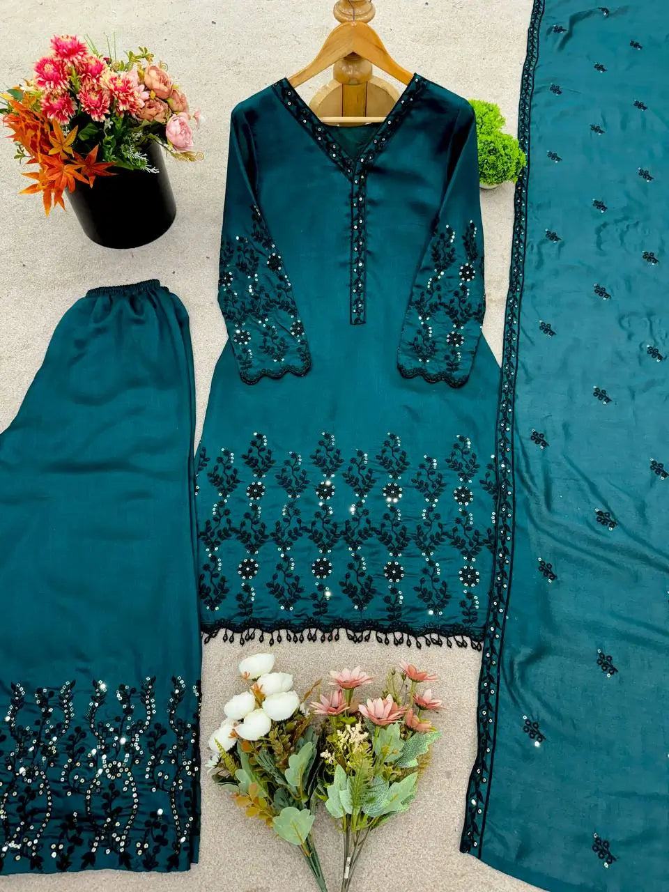 Embroidered Vichitra Silk Suit Set with Dupatta