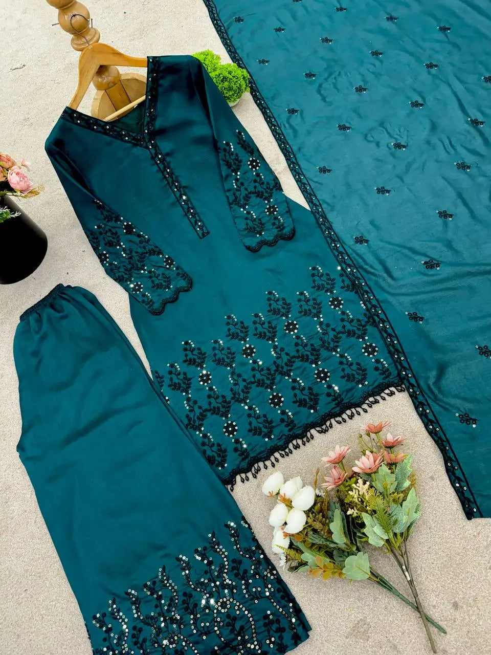 Embroidered Vichitra Silk Suit Set with Dupatta