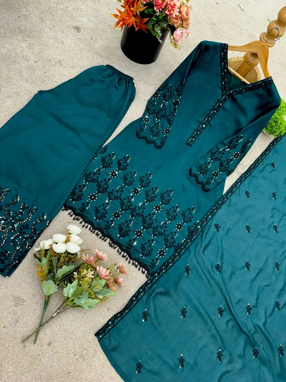 Embroidered Vichitra Silk Suit Set with Dupatta