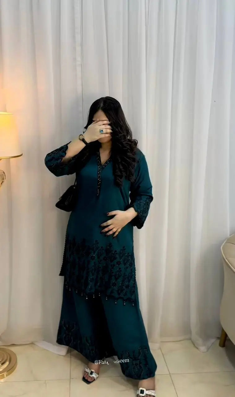 Embroidered Vichitra Silk Suit Set with Dupatta