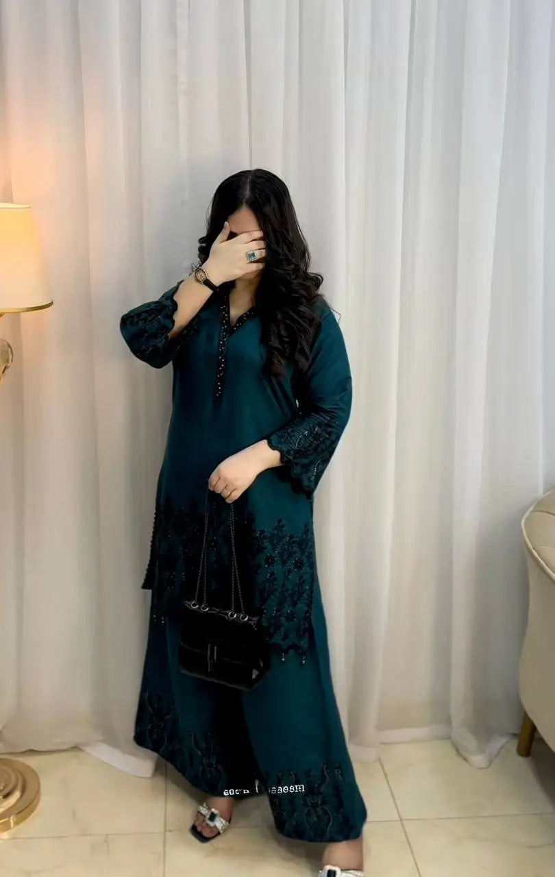 Embroidered Vichitra Silk Suit Set with Dupatta