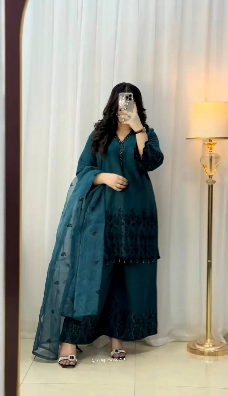 Embroidered Vichitra Silk Suit Set with Dupatta