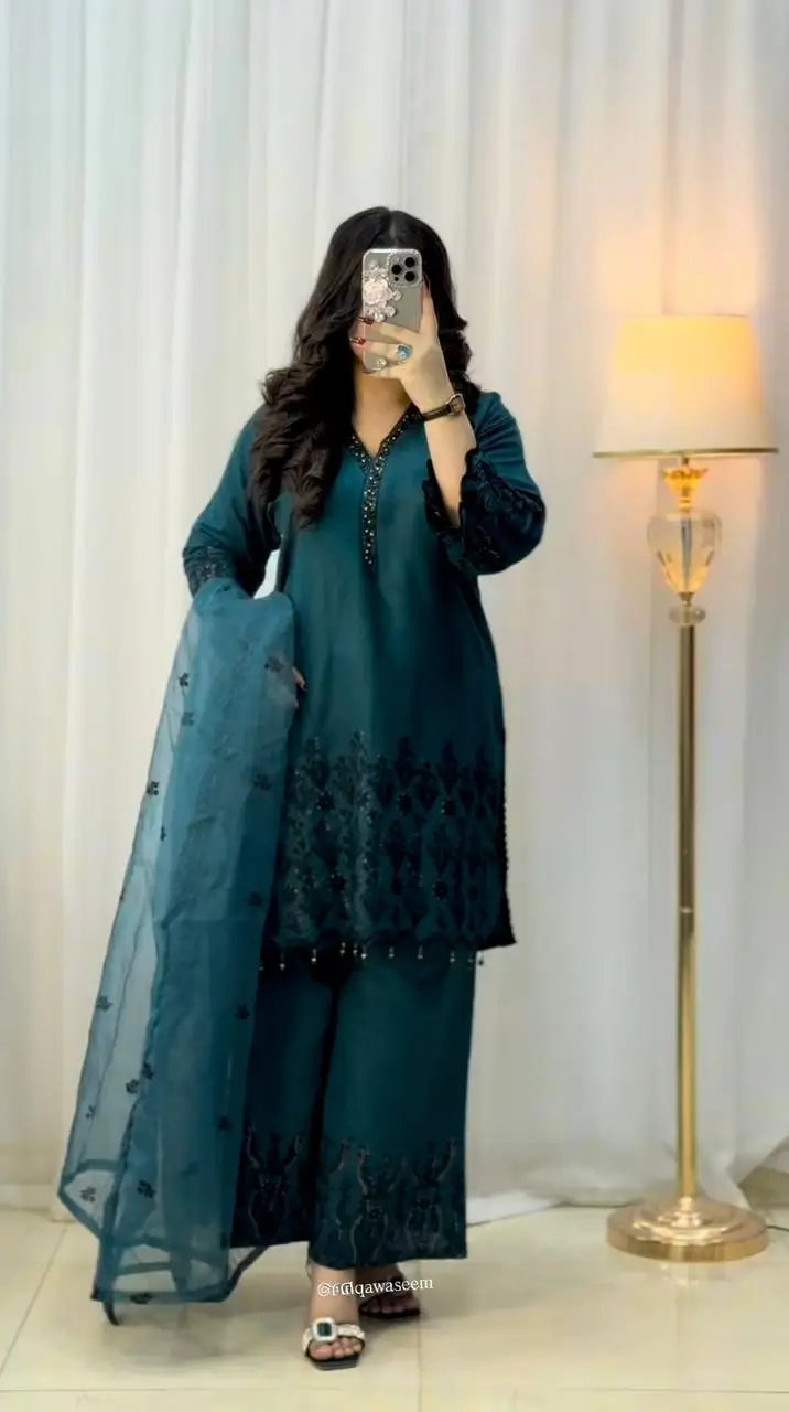 Embroidered Vichitra Silk Suit Set with Dupatta