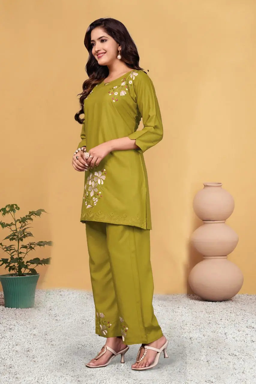 Embroidered Viscose Rayon Kurti Pant Set
