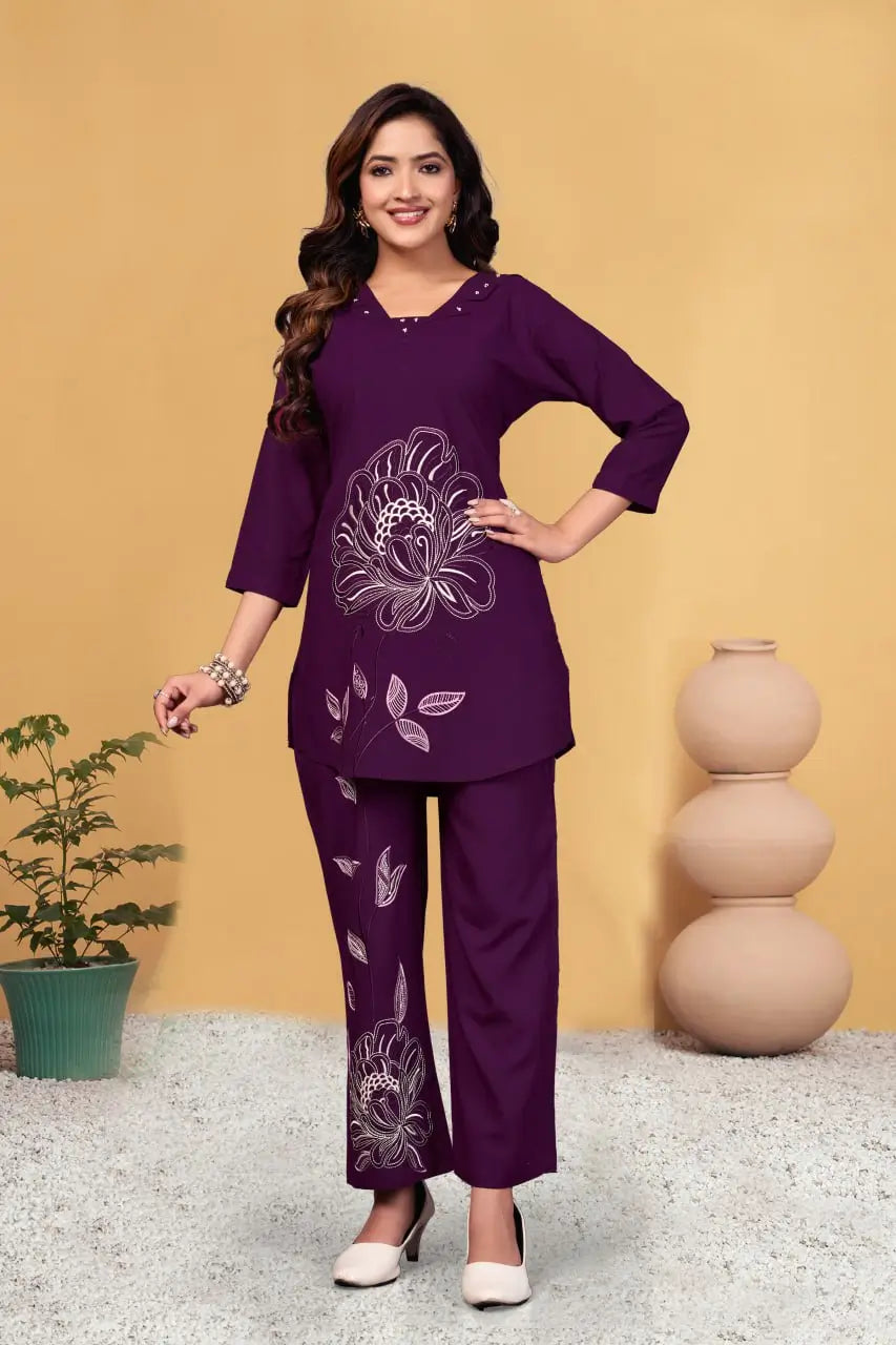Embroidered Viscose Rayon Kurti Pant Set