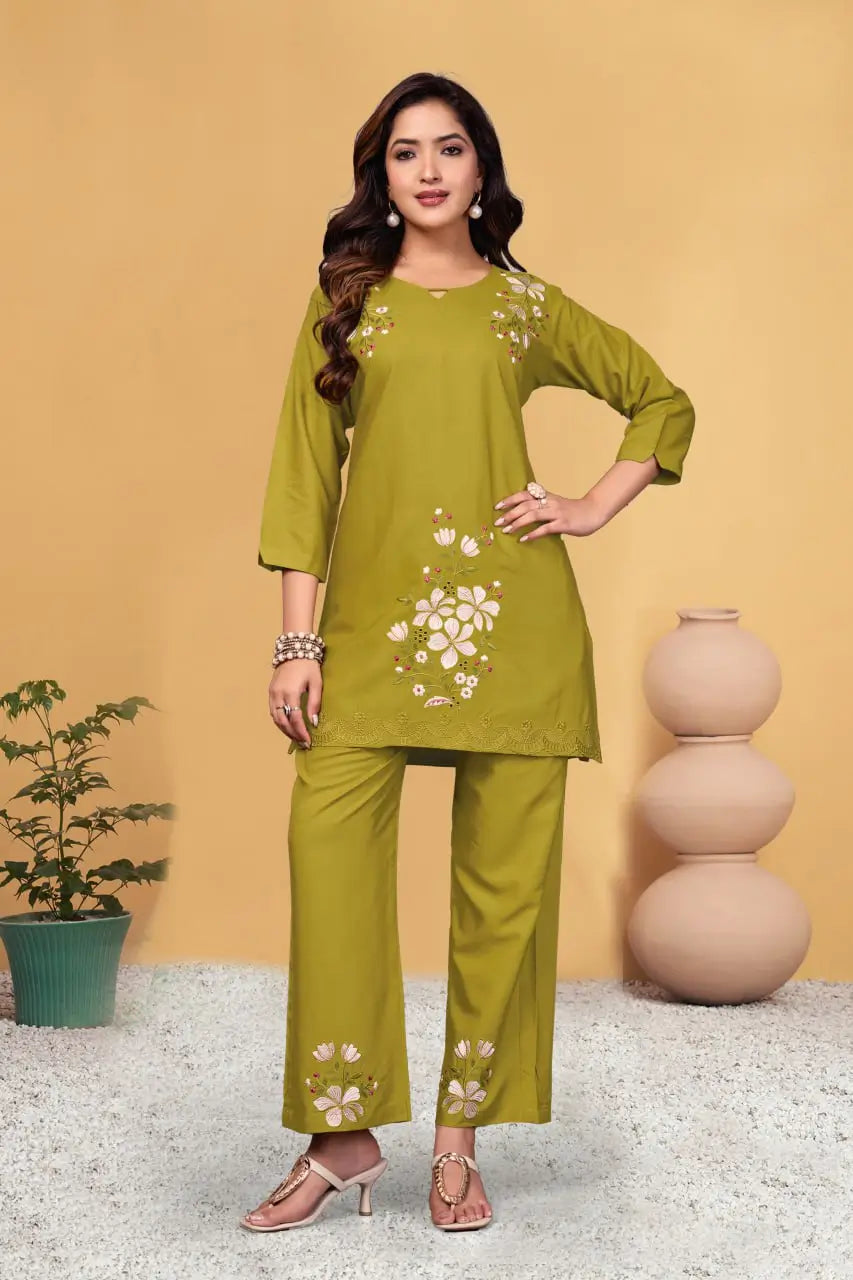 Embroidered Viscose Rayon Kurti Pant Set