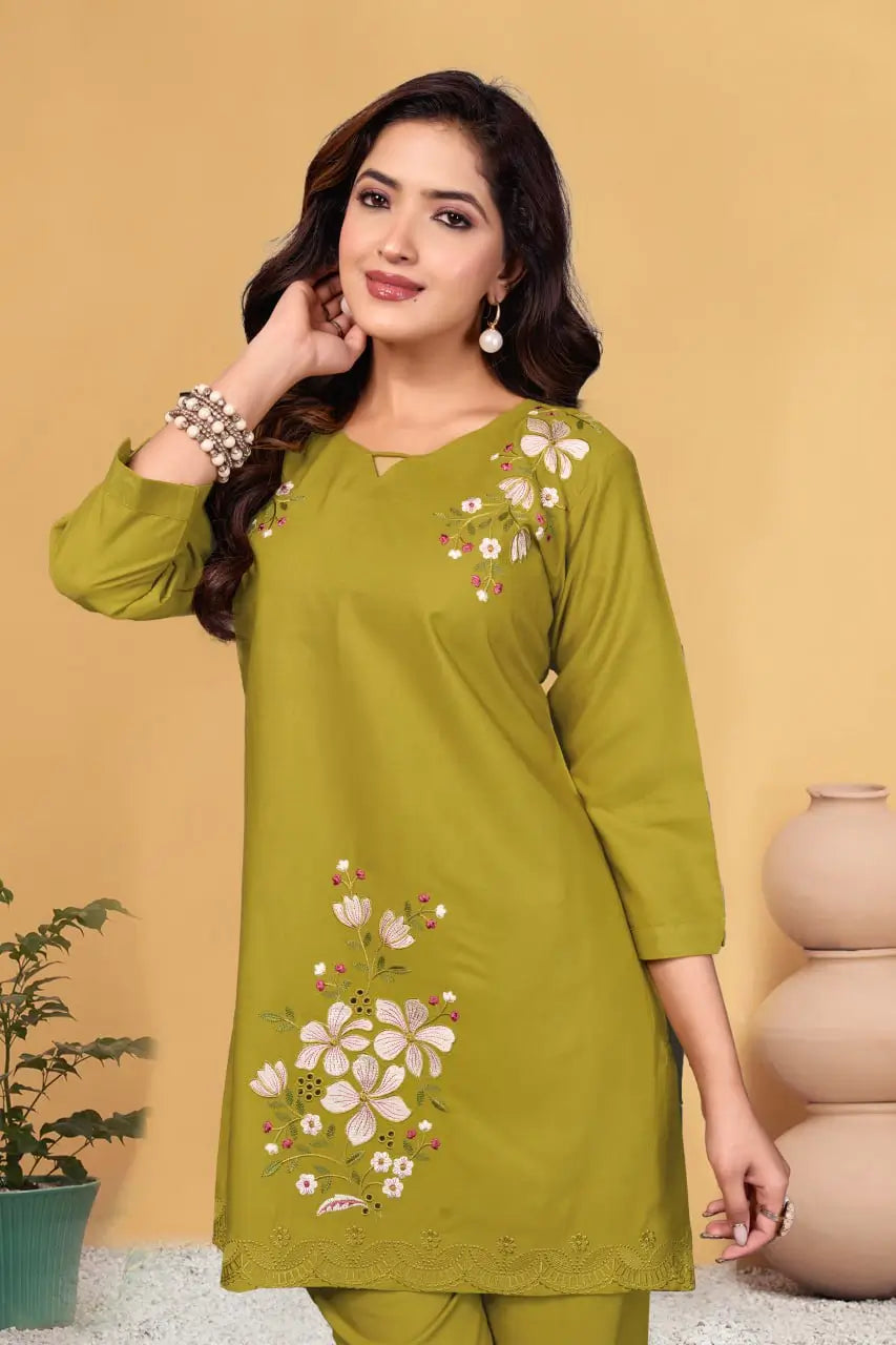 Embroidered Viscose Rayon Kurti Pant Set