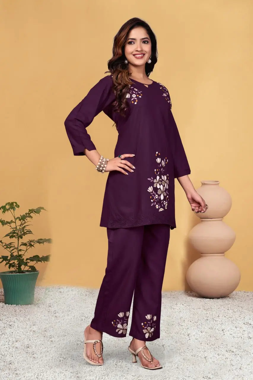 Embroidered Viscose Rayon Kurti Pant Set