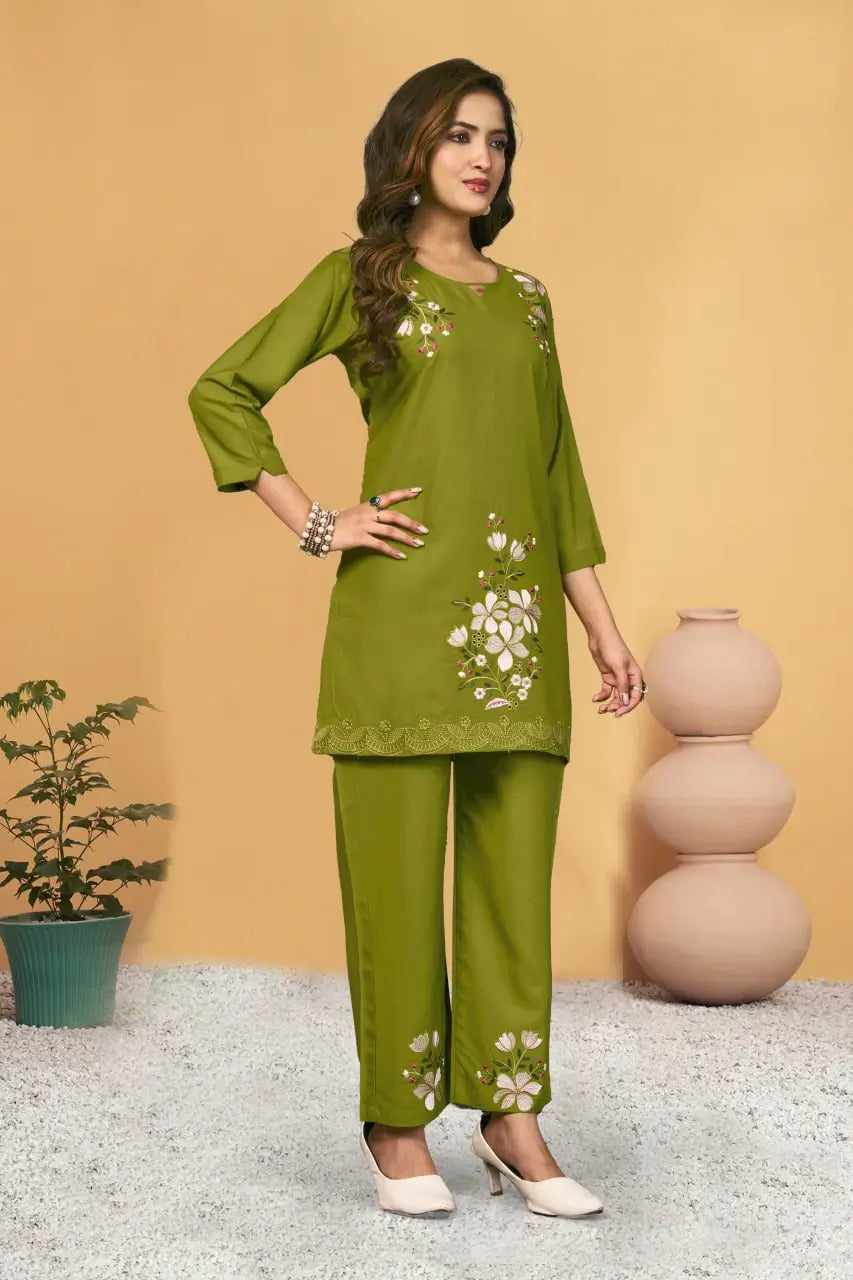 Embroidered Viscose Rayon Kurti Pant Set