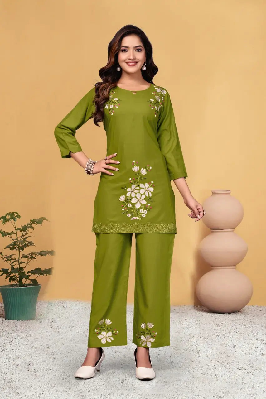 Embroidered Viscose Rayon Kurti Pant Set
